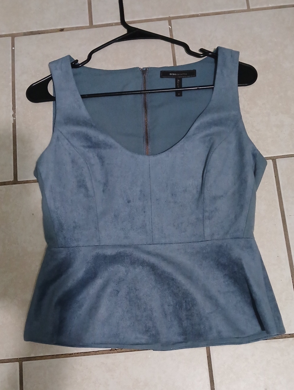 BCBGMaxAzria Womens Sz S Dusty Blue Suede Peplum Top